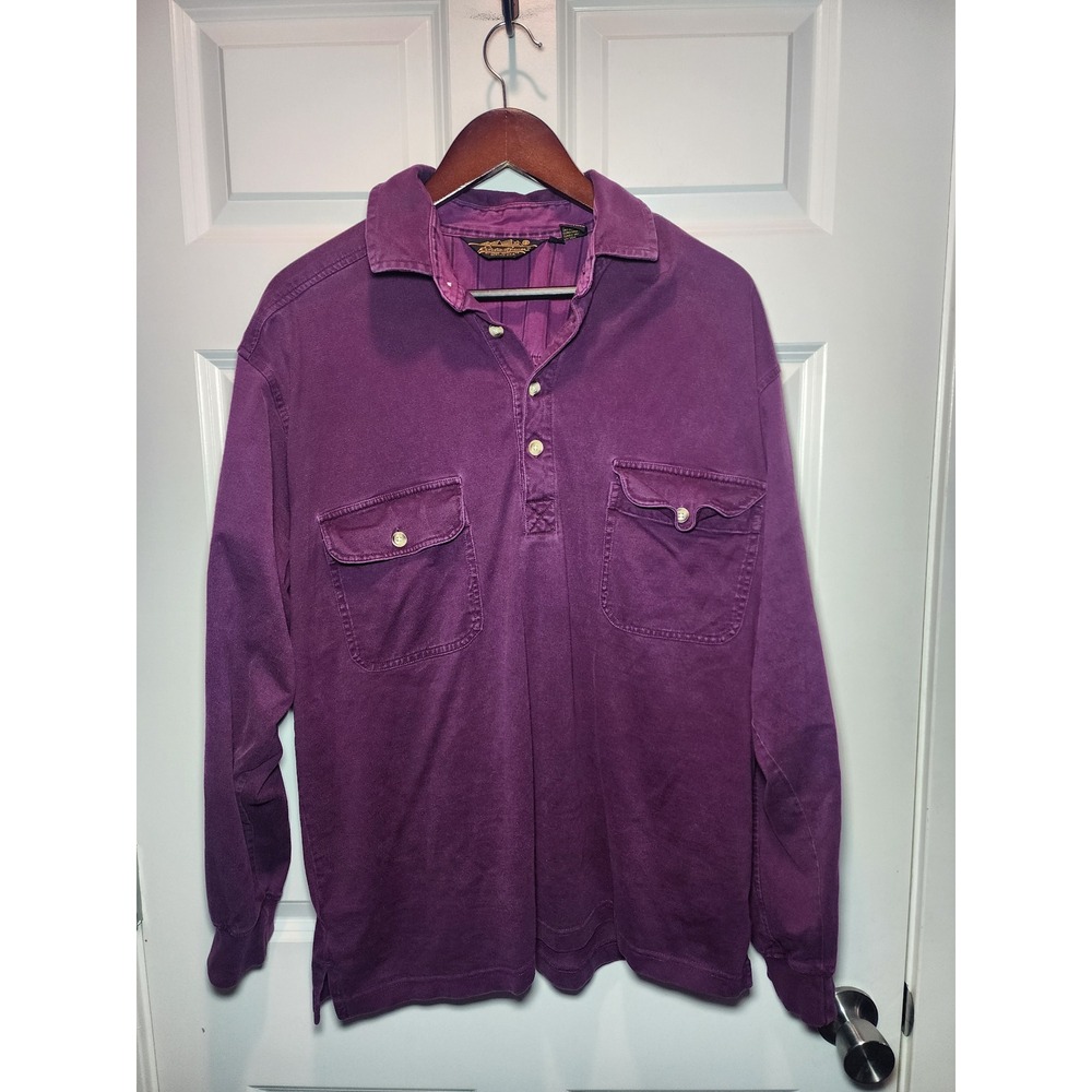 Vintage Eddie Bauer 90s Long Sleeve Polo Shirt Purple Double Pocket Cotton L
